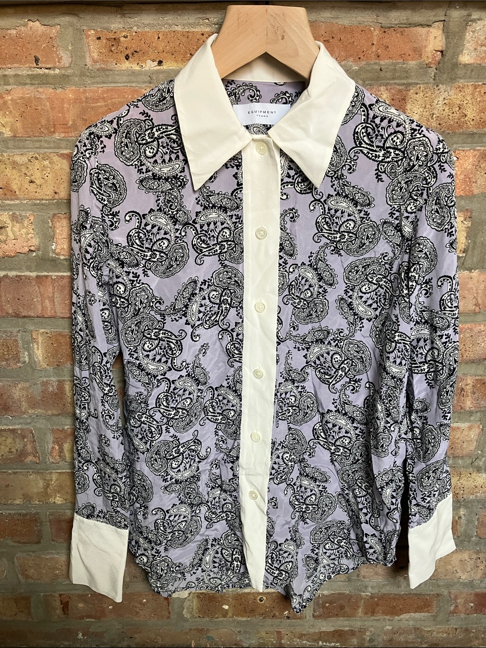 Equipment Nikola silk button-front shirt in a languid lavender paisley print